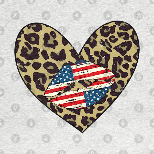 Cute Leopard Heart Gift - Distressed USA Kiss Gift - Fourth Of July Patriotic Gift Idea by WassilArt